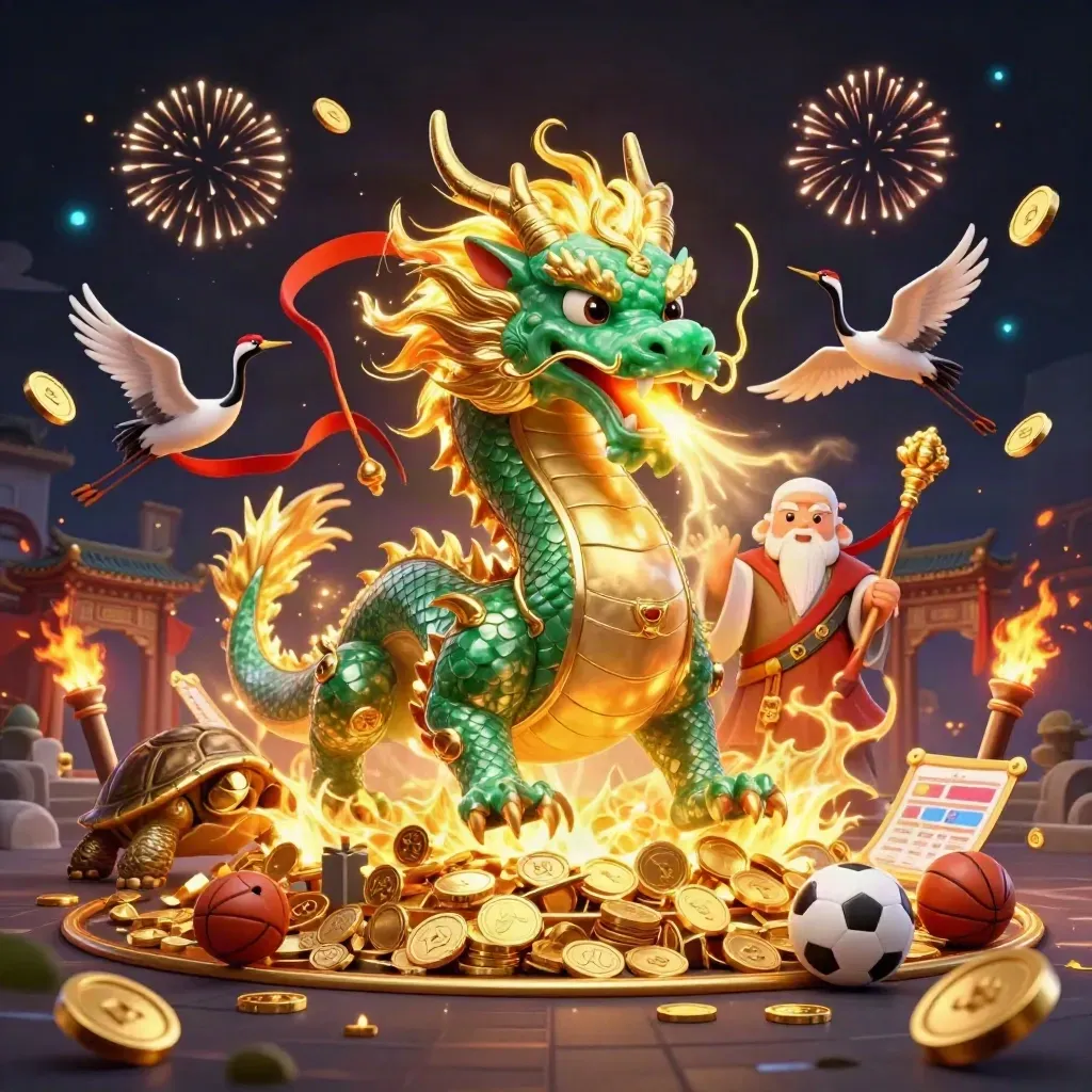 Emerald dragon, turtle sage, cranes, coins, fireworks, temple gate, and sports props on a dark premium casino tile.