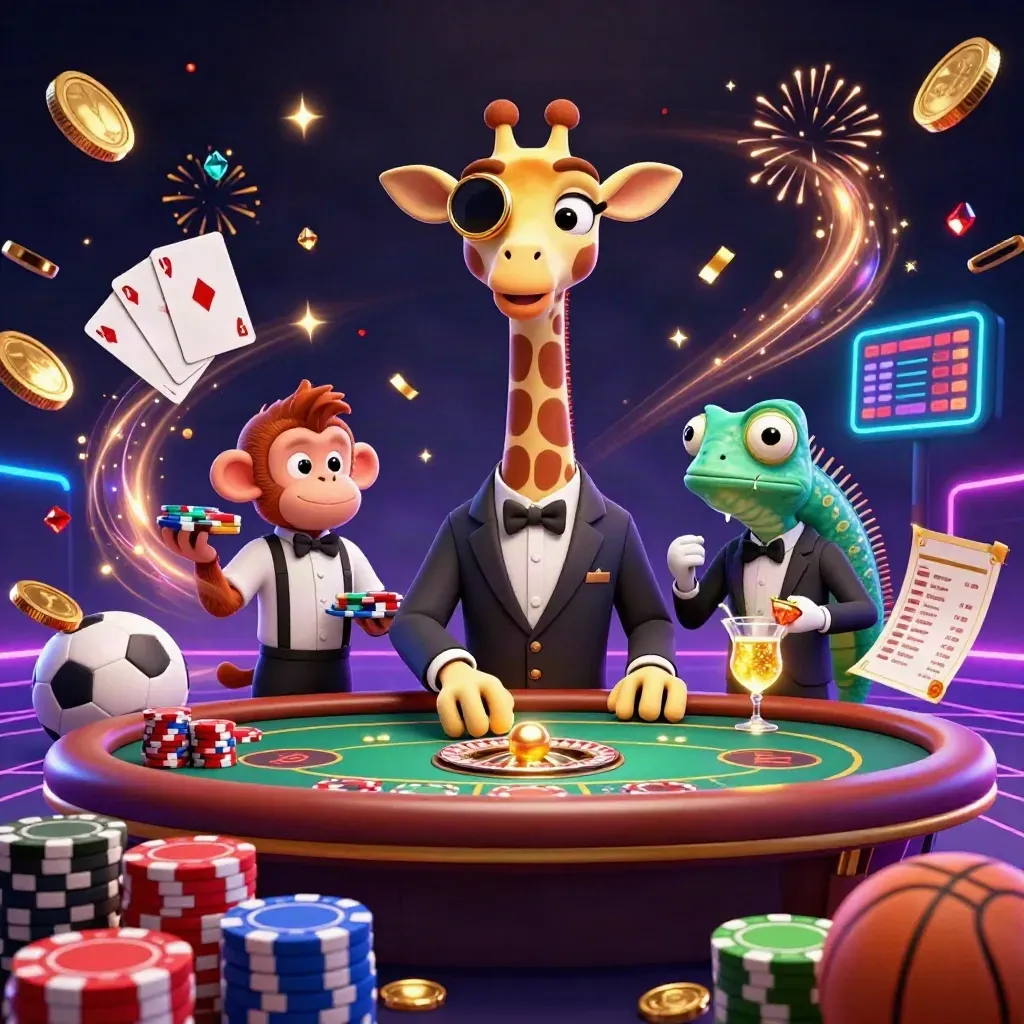 Giraffe, monkey, and chameleon amid coins, chips, fireworks, and casino glam.