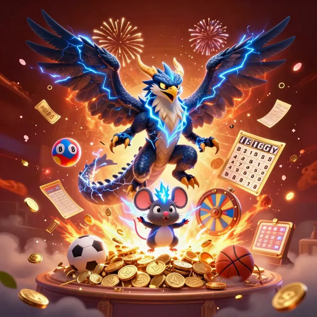 Thunder dragon, wind hawk, and mouse amid coins, fireworks, lottery balls, and casino props