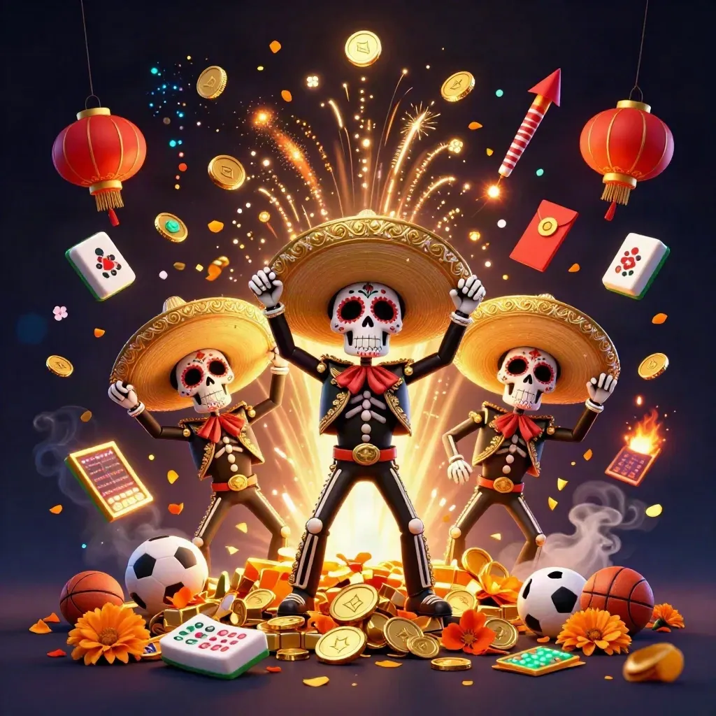 Skeleton mariachi trio amid vault burst, coins, fireworks, lanterns and neon casino lights.