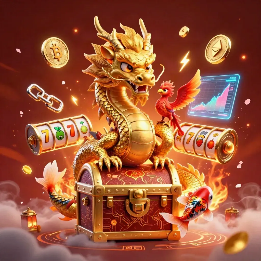 Golden dragon, phoenix and koi amid casino coins, reels, and neon energy on a dark ember glow.