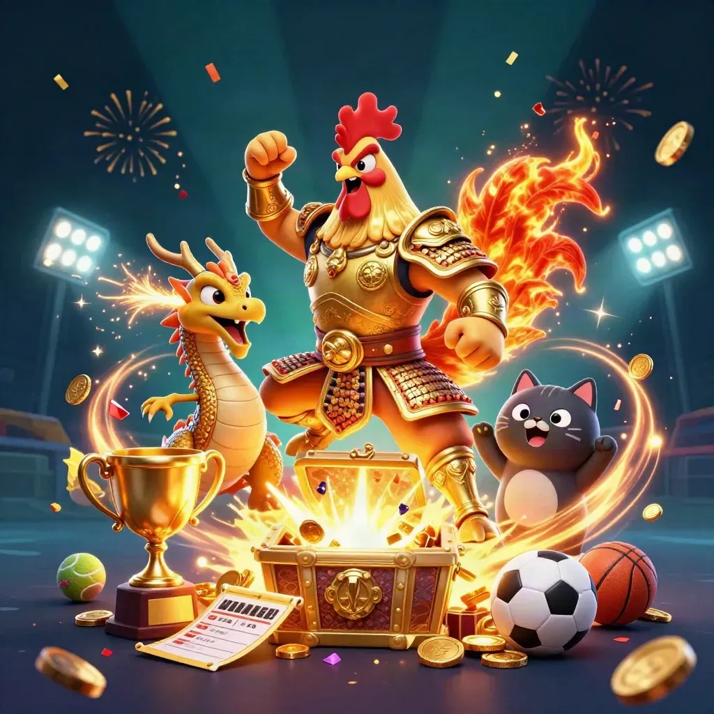 Rooster warrior, dragon hatchling and fortune cat amid coins, fireworks and casino lights.