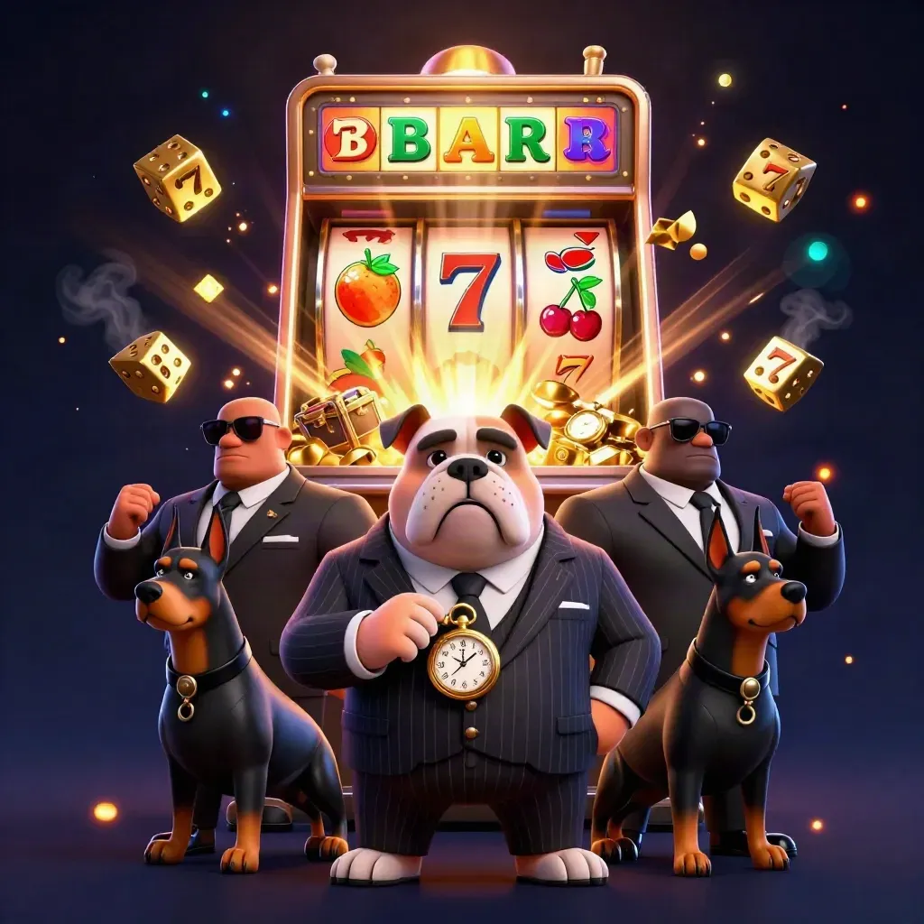 Bulldog mob boss and Dobermans amid bursting slot reels, gold, and neon casino effects.