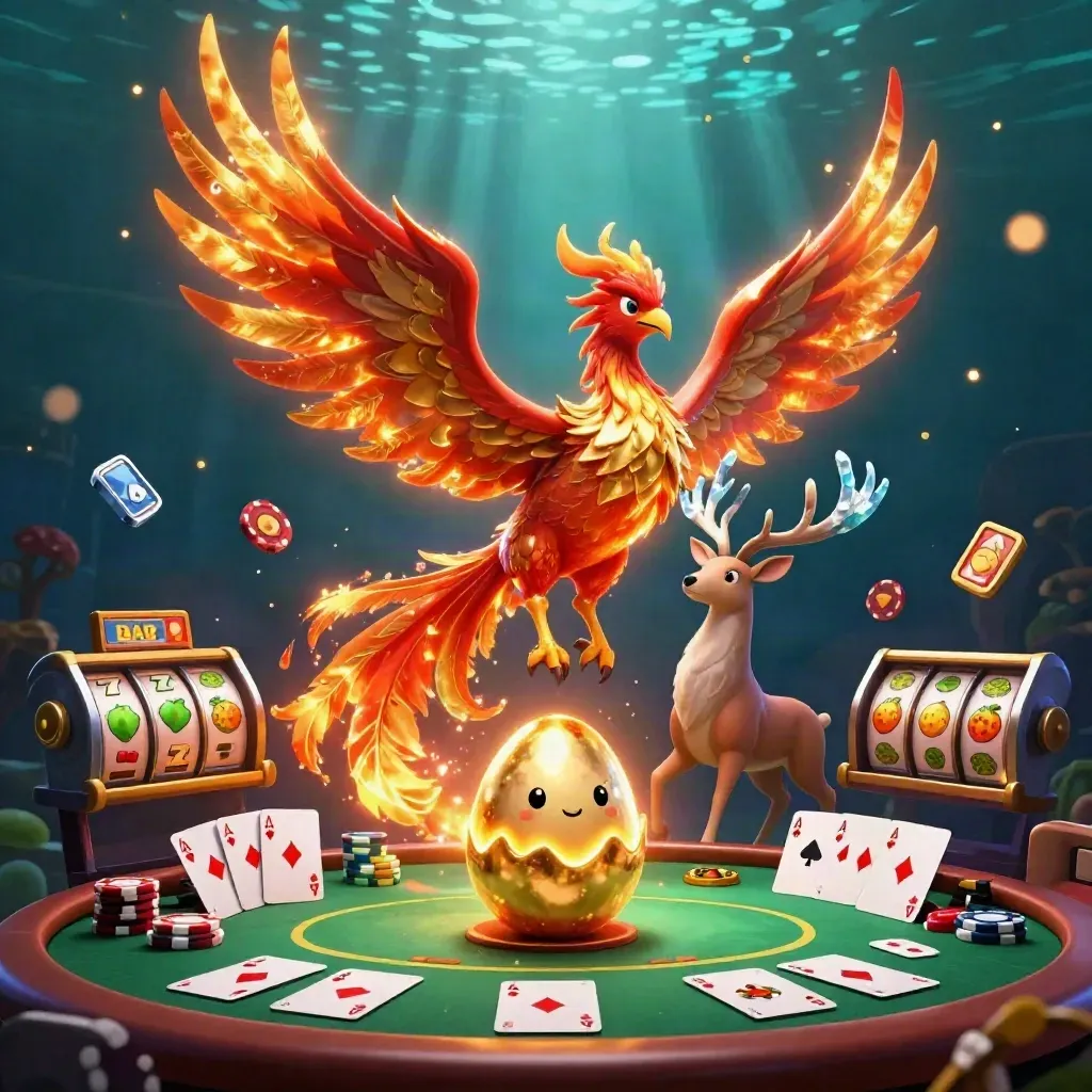 Phoenix, baby phoenix, and crystal-antler stag amid casino chips, cards, reels, and glowing lights.