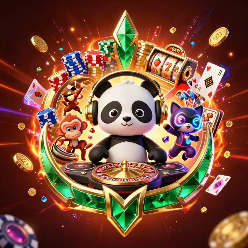 DJ panda, dancing monkey and glow-stick kitten amid casino reels, coins and neon sparks