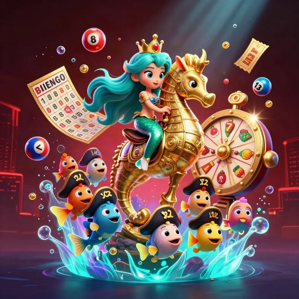 Mermaid princess on armored seahorse amid casino icons and neon underwater glow.