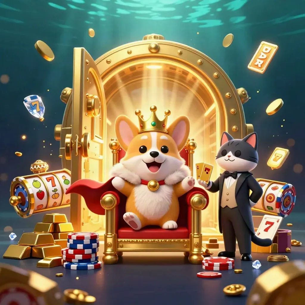 Royal corgi on poker chips with cat butler, vault gold, gems, and casino symbols
