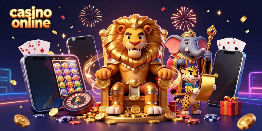 Experience immersive gameplay at casino online with a 3D lion king, elephant advisor, and cheetah messenger.