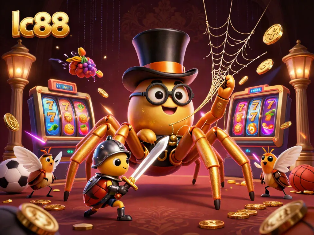 lc88 slots adventure featuring a golden tarantula and beetle knight in a casino setting.