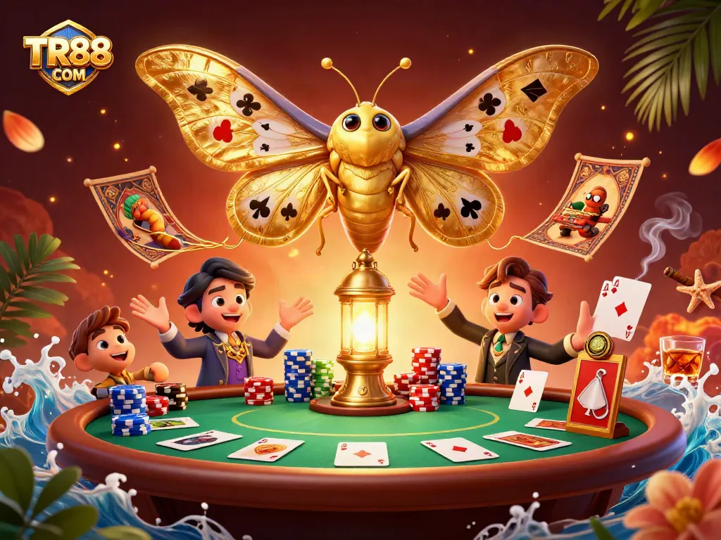 Engage with TR88 COM for vibrant casino experiences featuring poker tables and golden moths.