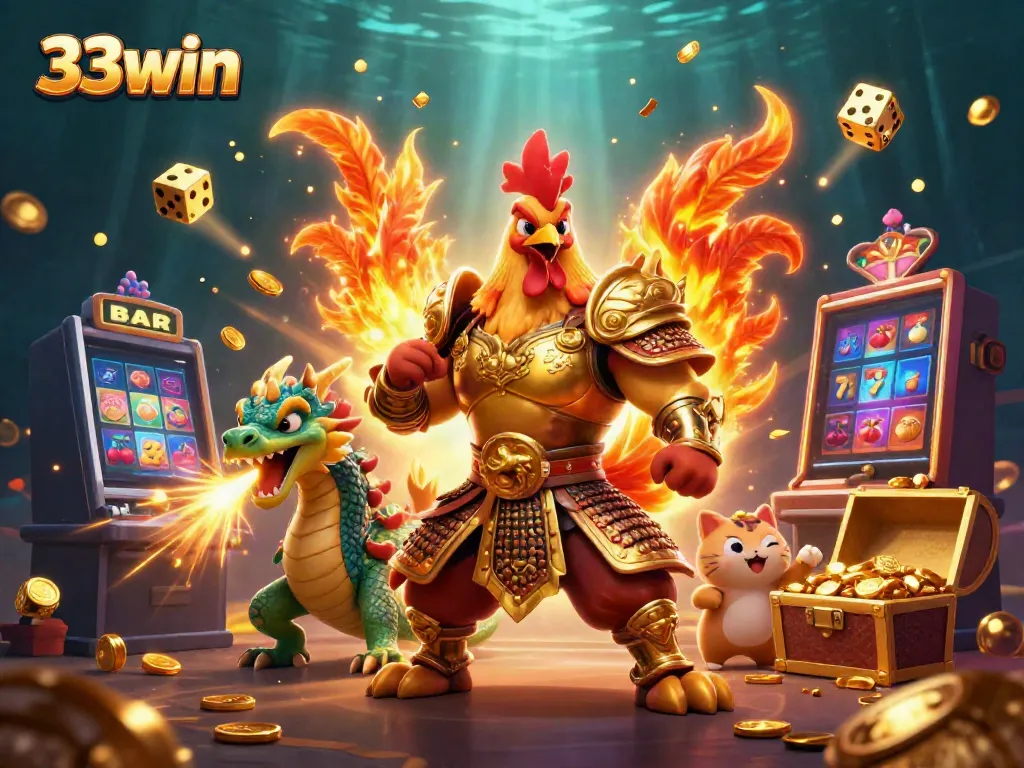 Engaging illustration showcasing 33win's dynamic gaming environment with vibrant characters and casino elements.