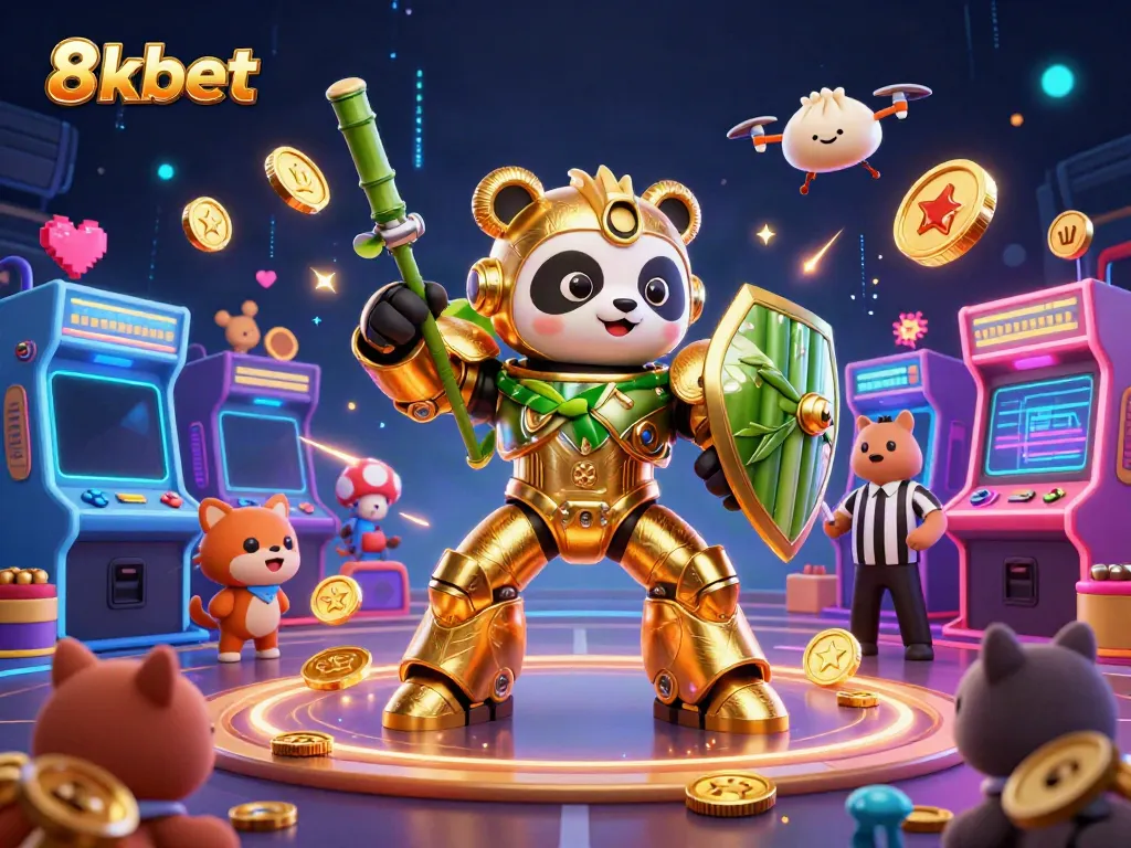 Engage in thrilling action with 8xbet's dynamic casino gaming scene featuring a mech-suit panda and colorful arcade elements.