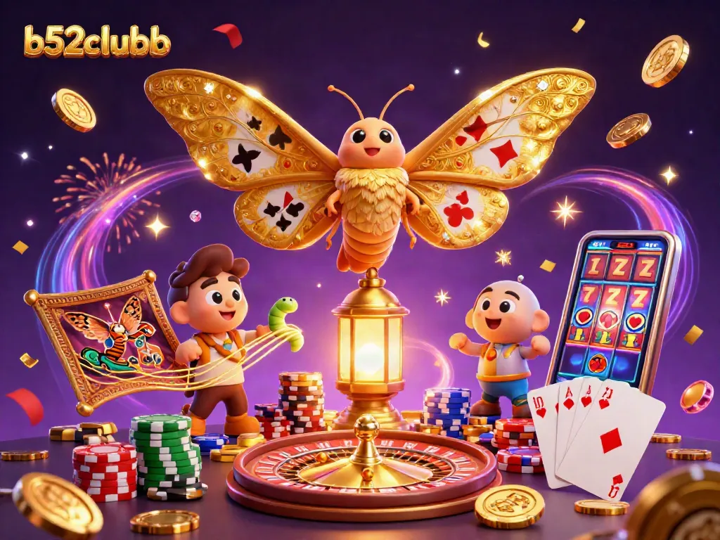 B52clubb brings vibrancy with a mystical scene of 3D elements, showcasing golden games and lively characters.
