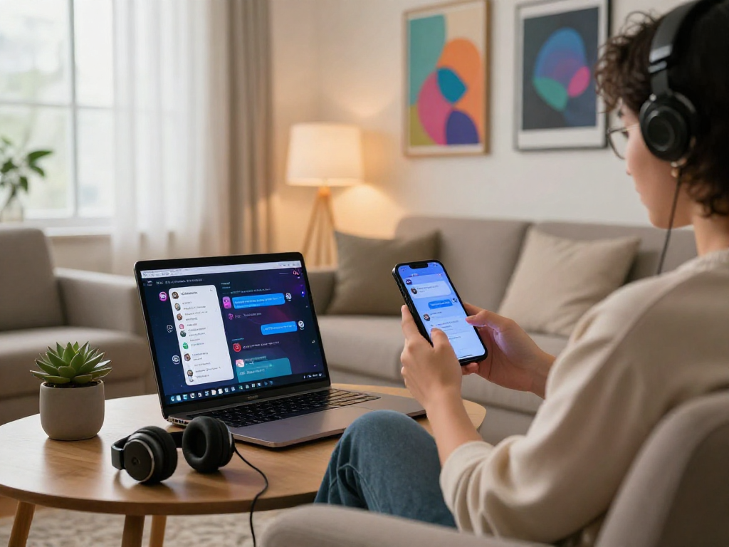 Engaged in AI chat porn on smartphone, cozy couch, creative workspace, warm lighting.