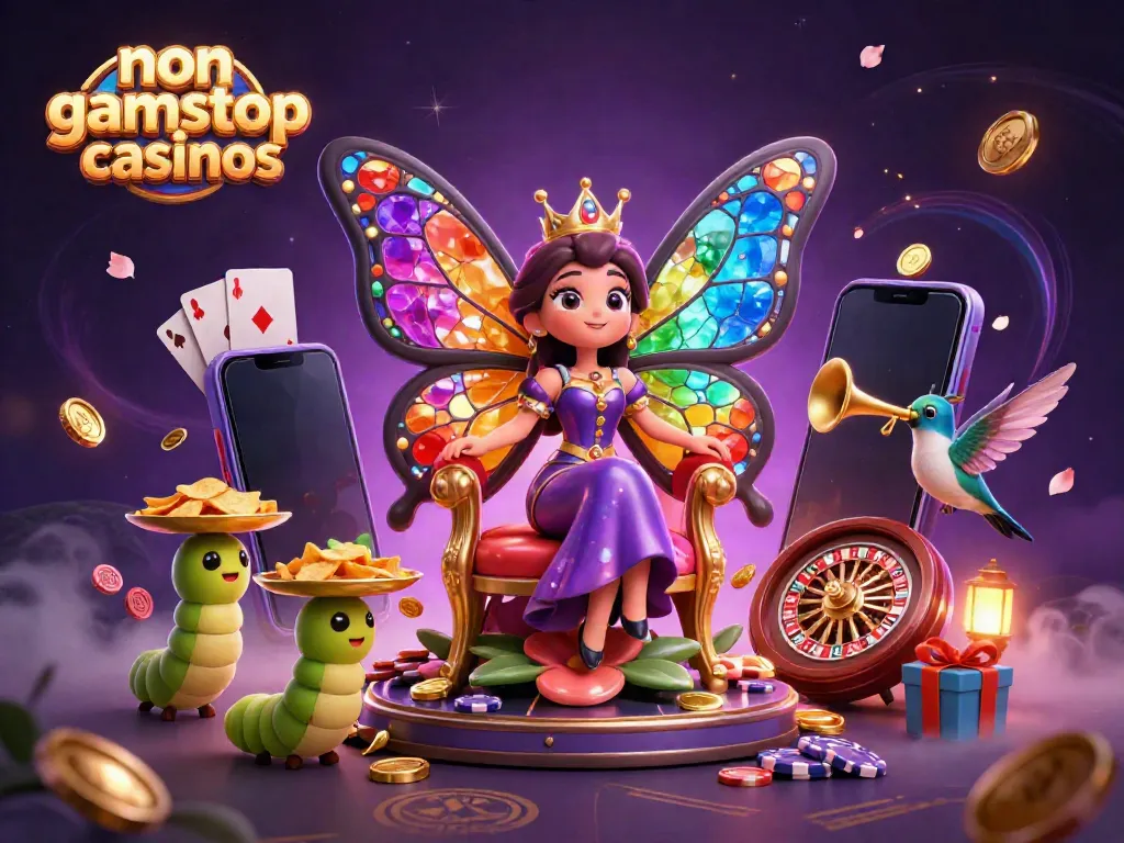 Experience the allure of non gamstop casinos with a whimsical 3D illustration featuring vibrant gambling elements.