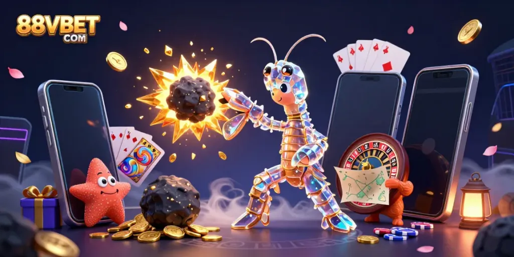 Experience thrilling gaming with 88VBET COM, where a mantis shrimp hero navigates a vibrant casino world.