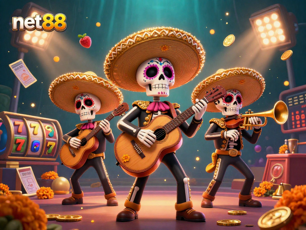 Experience excitement with net88, showcasing a vibrant casino scene featuring mariachi skeletons and slot reels