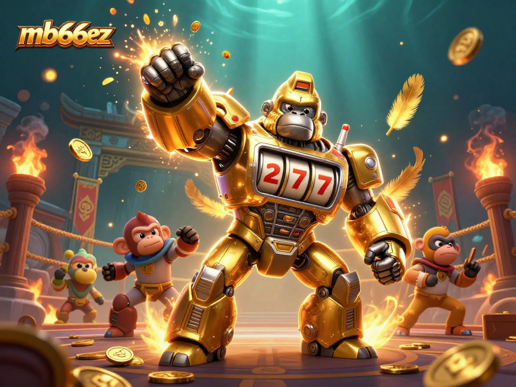 Experience thrilling slot games with mb66ez in a vibrant 3D scene of a golden gorilla mech.