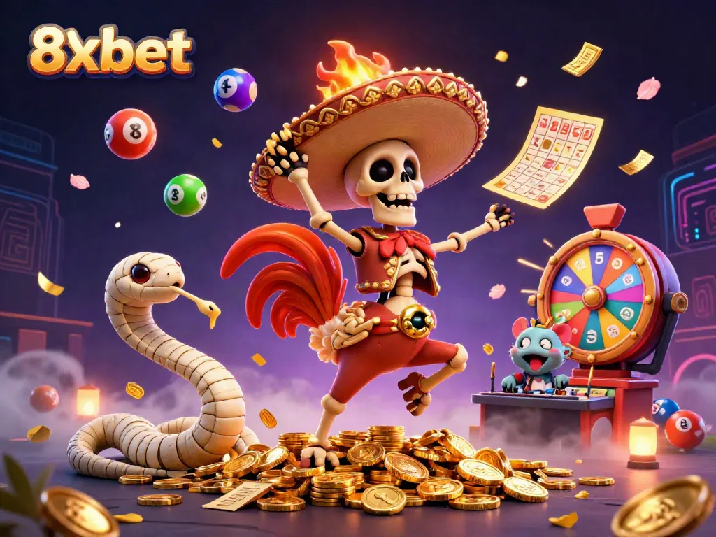Engage with exciting 8xbet gaming action featuring vibrant characters celebrating a lottery win.