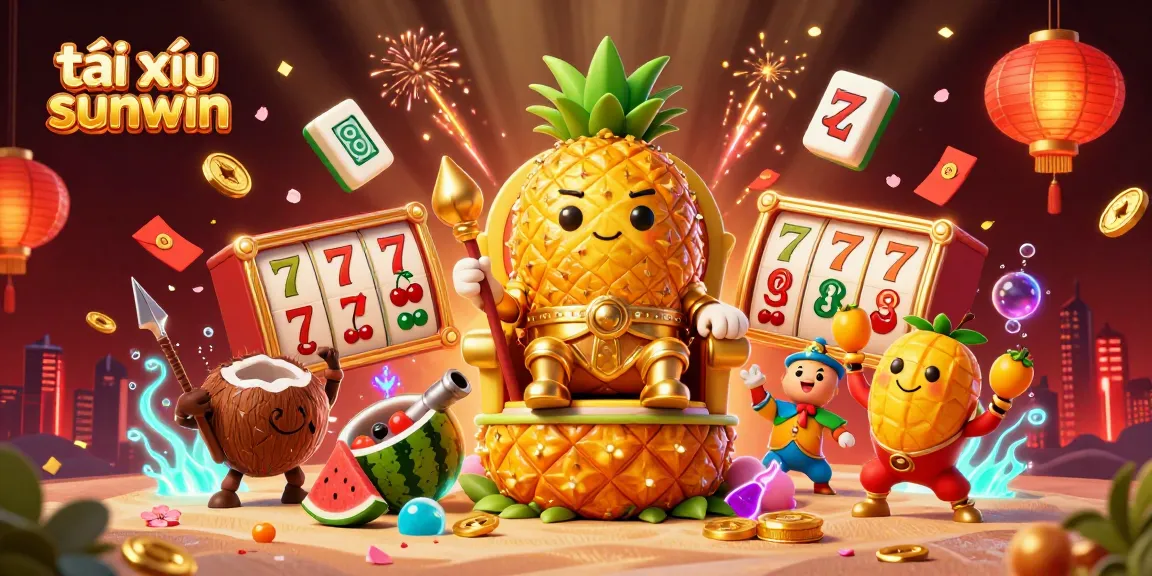 Tai xỉu sunwin showcases a vibrant scene with slot reels and a golden pineapple king highlighting casino excitement.