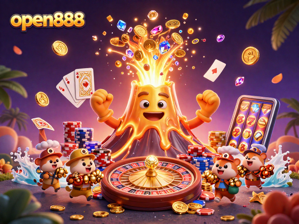 Experience open888's thrilling casino adventure with this vibrant 3D illustration of a golden volcano.