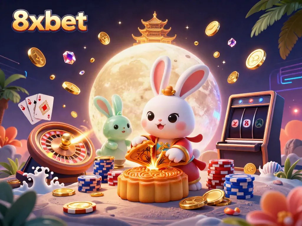 Engage in the excitement of 8xbet with a whimsical 3D casino lunar scene featuring a moon rabbit and sparkling gems.
