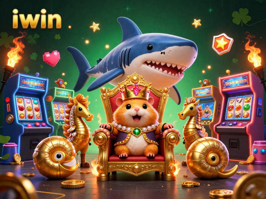 Experience thrilling iwin moments with a cartoon hamster king among bright casino game elements.