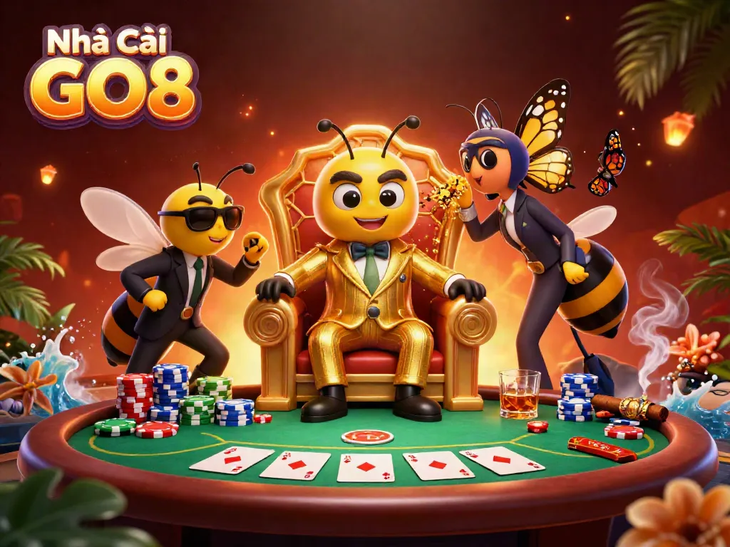 Play thrilling casino games at Nhà Cái GO8 with a vibrant scene featuring a cartoon bumblebee mob boss.