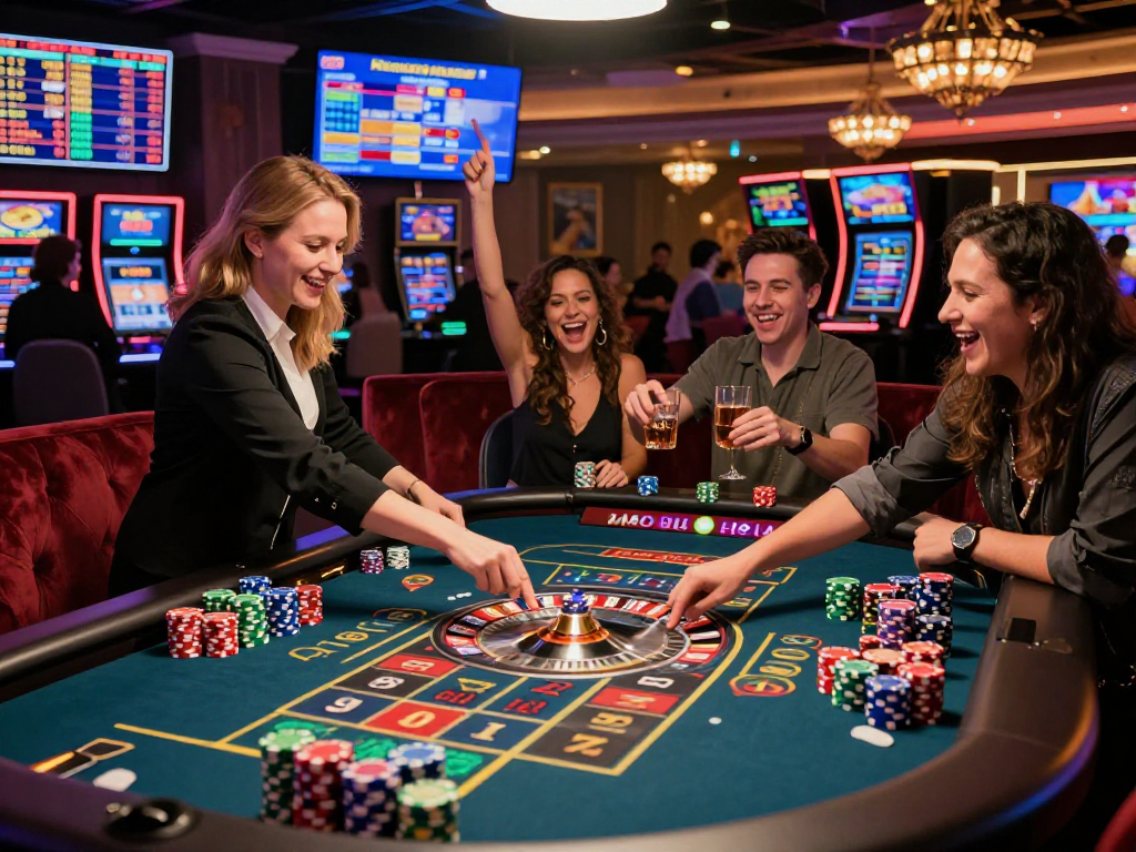 Players enjoying KOMBET168 at a lively casino roulette table amidst colorful chips and ambient excitement.