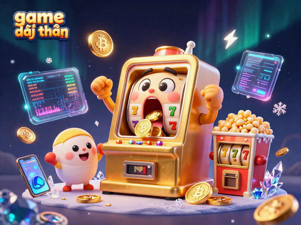 Experience excitement with game đổi thưởng as slot machines celebrate a jackpot amidst crypto elements.