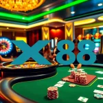 Engaging scene showcasing XX88 logo on an elegant poker table with colorful chips and roulette wheel.