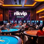 Experience the thrill of rikvip đăng nhập at a luxurious casino, filled with vibrant slot machines and engaged players.