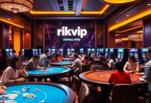 Experience the thrill of rikvip đăng nhập at a luxurious casino, filled with vibrant slot machines and engaged players.