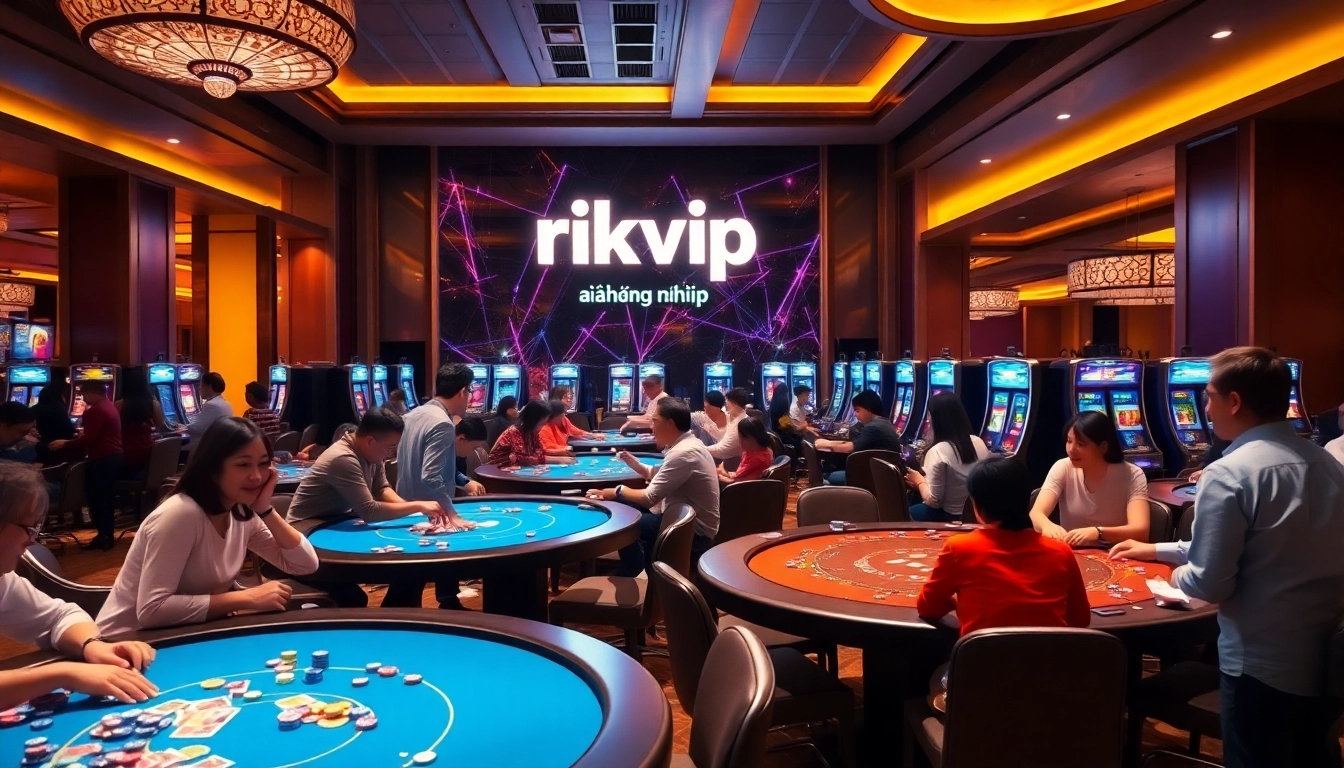 Experience the thrill of rikvip đăng nhập at a luxurious casino, filled with vibrant slot machines and engaged players.