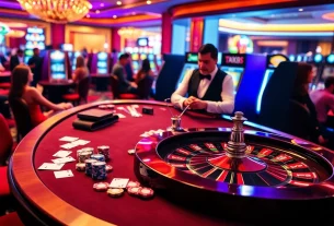 Players enjoying a thrilling game at TK88 Casino, featuring a roulette table and vibrant slot machines.