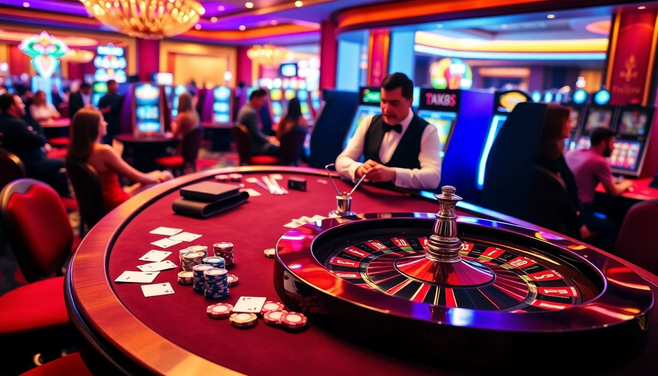 Players enjoying a thrilling game at TK88 Casino, featuring a roulette table and vibrant slot machines.