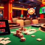 Exciting online gambling scene featuring rikvip.gb.net with poker chips, cards, and a roulette wheel.
