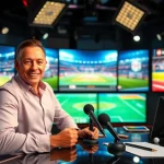 Dynamic sports broadcasting scene with a commentator delivering live coverage of sports events.