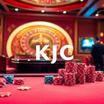KJC gamers enjoying a thrilling poker night at a luxurious casino table surrounded by chips and cards.