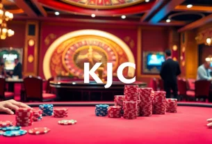 KJC gamers enjoying a thrilling poker night at a luxurious casino table surrounded by chips and cards.