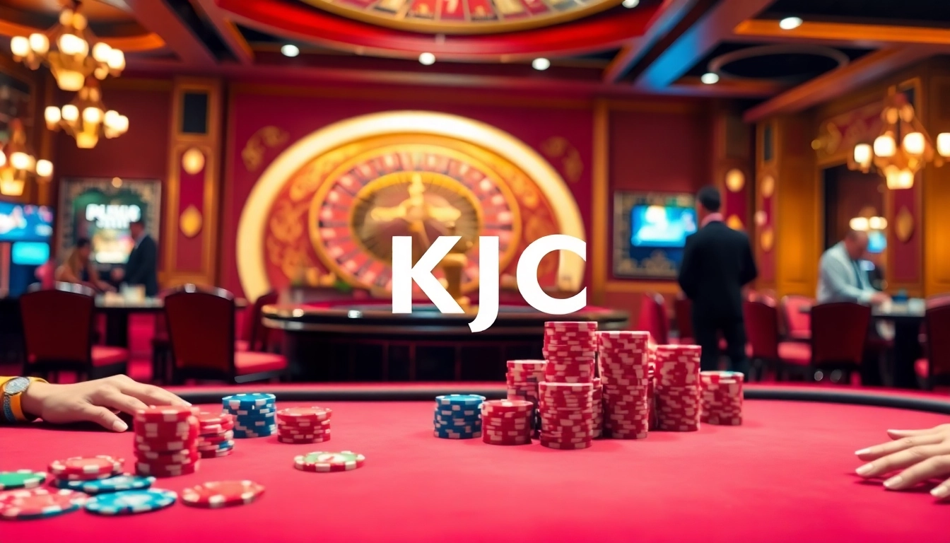 KJC gamers enjoying a thrilling poker night at a luxurious casino table surrounded by chips and cards.