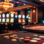 KJC liên minh casino scene with vibrant poker table, roulette wheel, and slot machines.