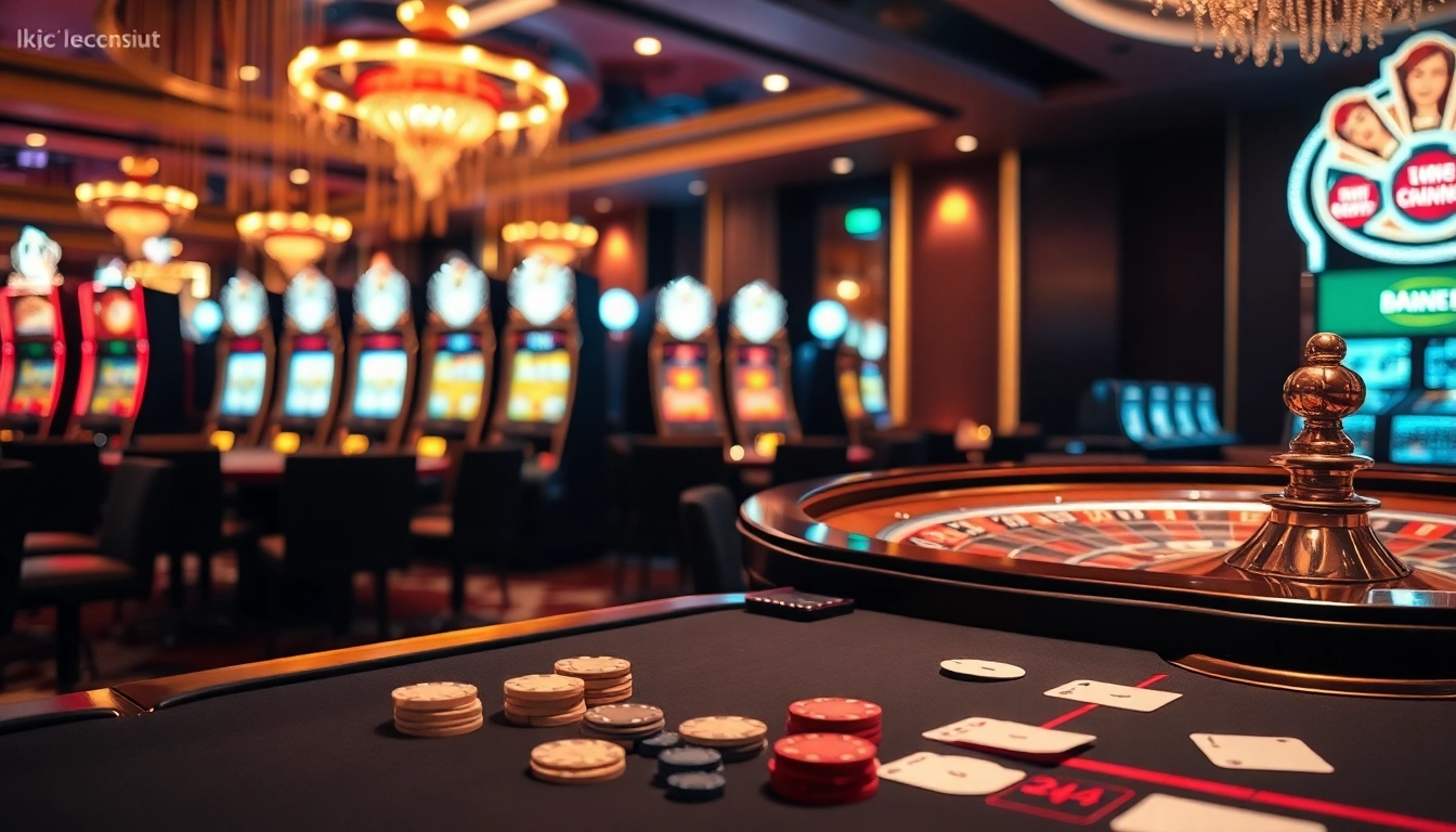 KJC liên minh casino scene with vibrant poker table, roulette wheel, and slot machines.