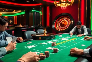 Players enjoying high-stakes Baccarat and Poker at a luxurious casino, highlighting MB66 gaming excitement.