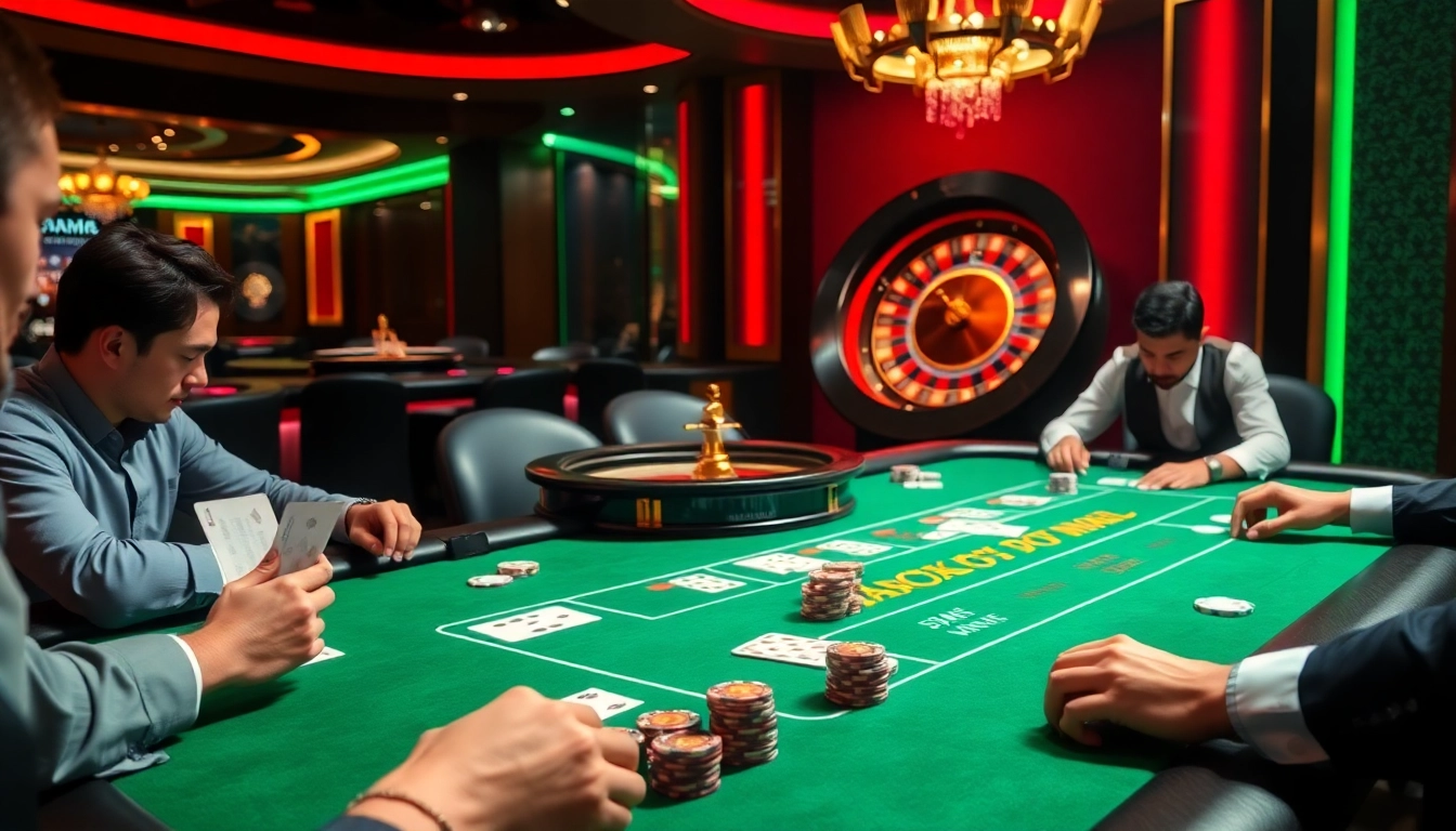 Players enjoying high-stakes Baccarat and Poker at a luxurious casino, highlighting MB66 gaming excitement.