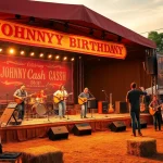 Celebrate Johnny Cash's birthday at a lively festival featuring musicians, vibrant crowds, and a warm sunset atmosphere, captured by johnnycashbirthday.com.