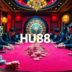 Experience thrilling games at HU88's luxurious casino, featuring vibrant poker tables and exciting slot machines.