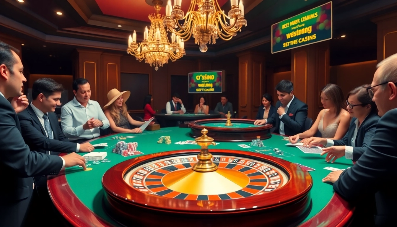 Experience the excitement at mu88 casino nhà cái uy tín with players eagerly betting at a roulette wheel.