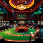 Engaged players at a luxurious casino poker table featuring thabet777 branding.