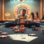 Engage in thrilling gameplay at soibet ออนไลน์ with vibrant poker chips and an elegant roulette wheel in a luxurious casino.